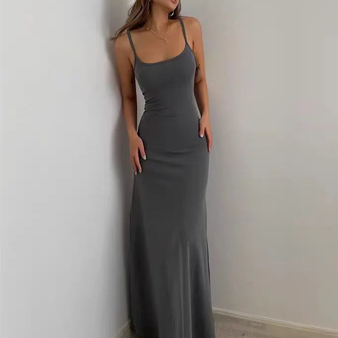 

Simple Temperament Sling Long Skirt Women 's Super A Show Body Bump S Waist Linear Hot Girl Dress !