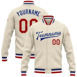 Casaco de botão de beisebol impresso 3D personalizado, jaqueta Bomber Full-Snap Varsity, jaqueta Letterman, azul creme e cor vermelha
