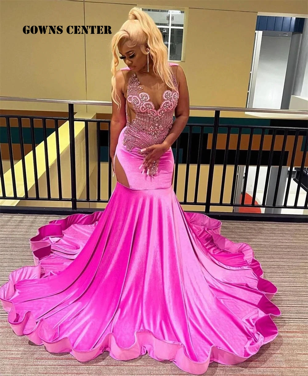 Popular Pink Crystal Beading Long Mermaid Prom Dresses Black Girls 2025 Birthday Luxury Dress Cocktail Party Gown Customized