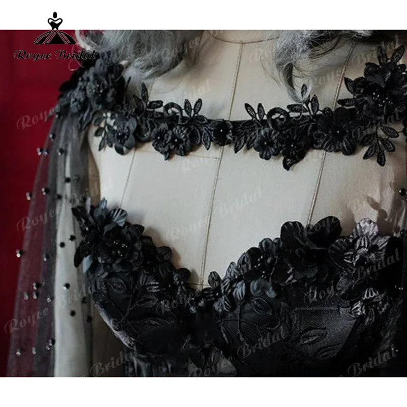 Escuro de conto de fadas gótico preto vestidos de casamento com corpete cupped fantasia vestido de noiva do dia das bruxas manto de casamento sexy 2023