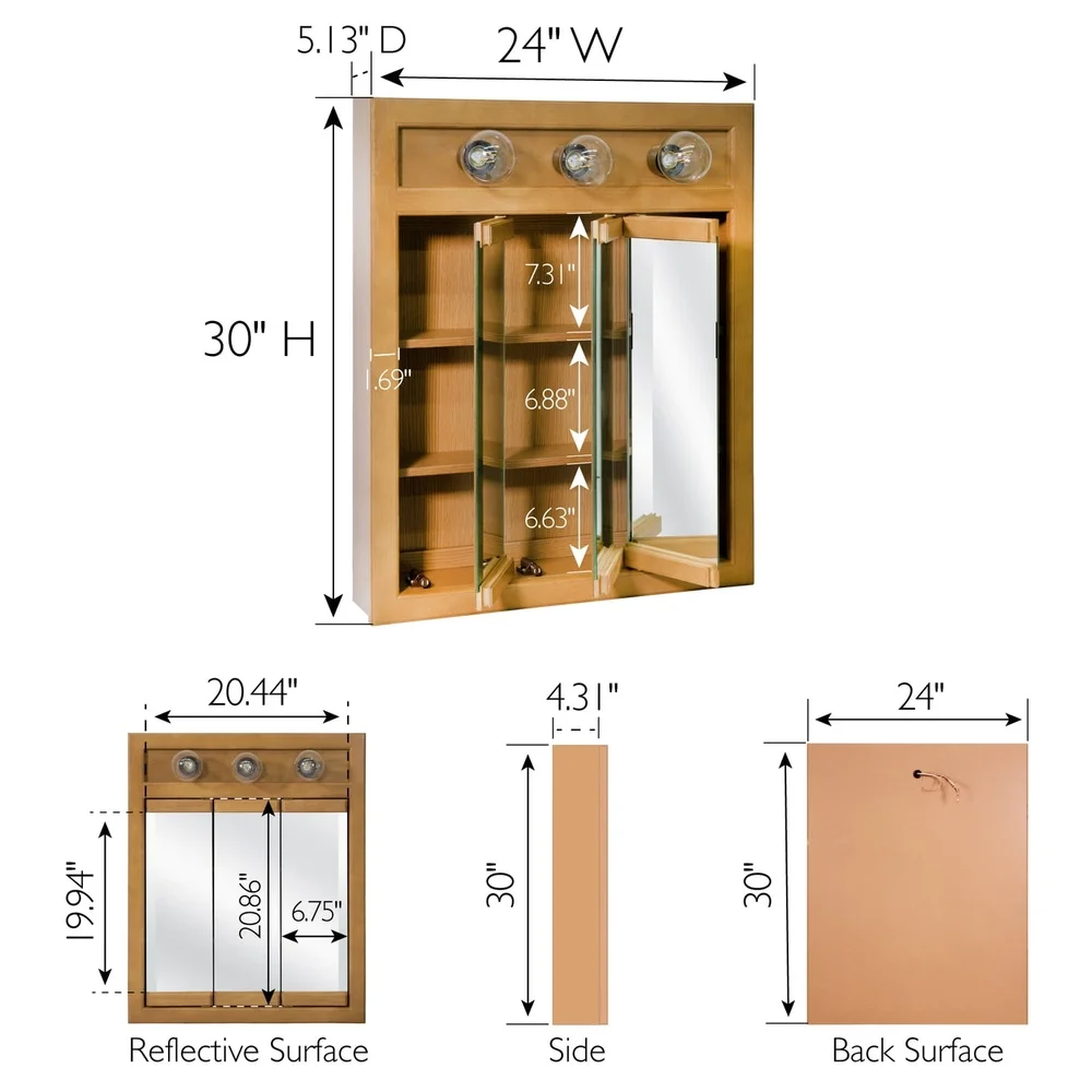 خزانة طبية بمرآة خشبية مثبتة على الحائط مقاس 24 بوصة مع 3 أضواء ورفين لتخزين الحمام بلمسة نهائية من خشب جوزة الطيب من خشب البلوط