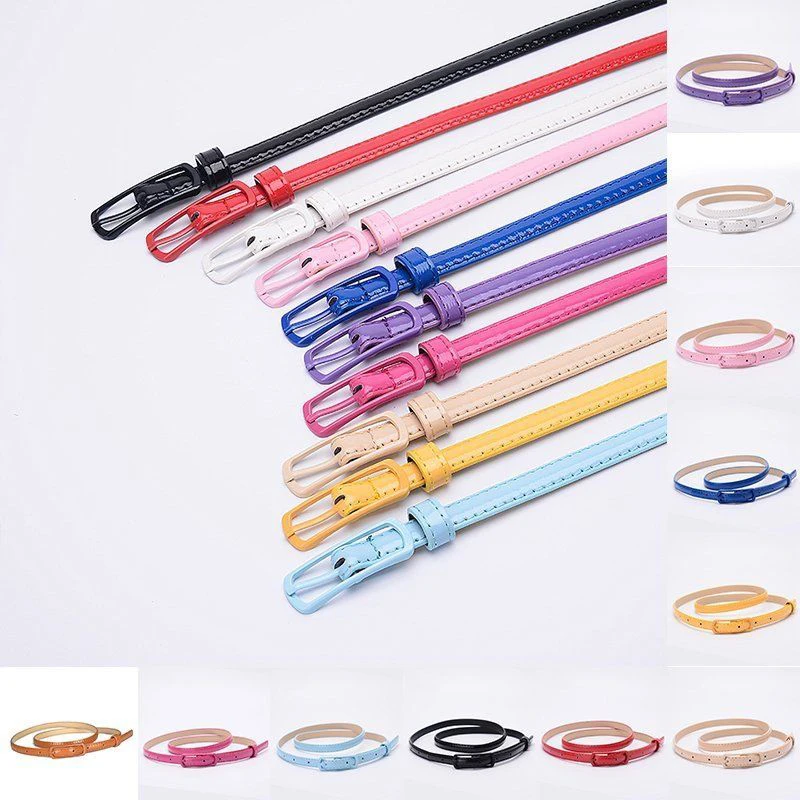 Candy Color PU Leather Waist Belt for Women Black Red Pink Narrow Thin Skinny Belts Shiny Waistband Pin Buckle Straps for Dress