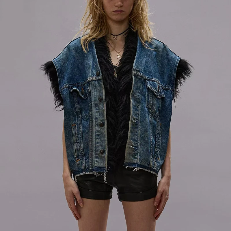 Women's Denim Vest, Wool Collar Sleeveless Jacket Coat, Fashionable Versatile Top, High Quality, Fall, New, 2024, y2k