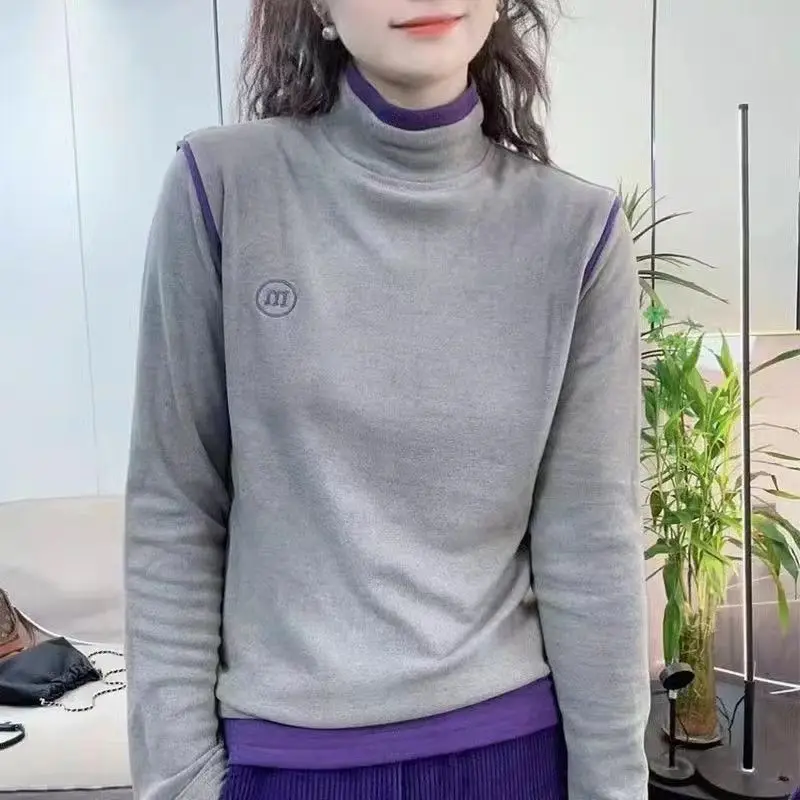 

Women Clothes Contrast Patchwork Street Casual All-match Tops Autumn Winter Long Sleeve Plus Size Fashion T Shirts Trend Vintage