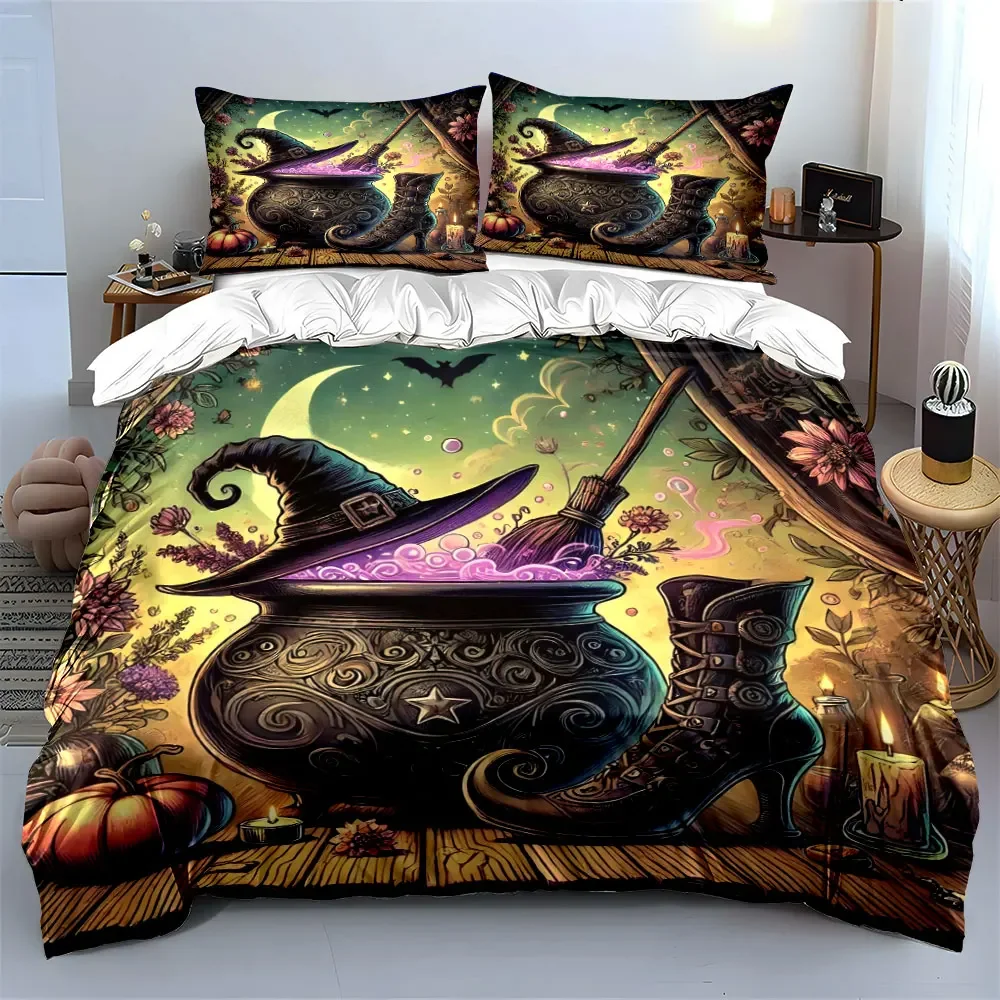 Witch Cauldron Hat Boot Set Bedding Set with 1 Duvet Cover 2 Pillowcases Single Double King Queen, Gift