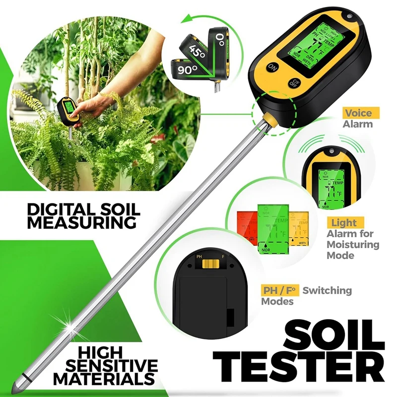 

5-In-1 Soil Moisture Meter, Environment Illumination/Sunlight Intensity, Soil Temperature Value, Soil Moisture Content Durable