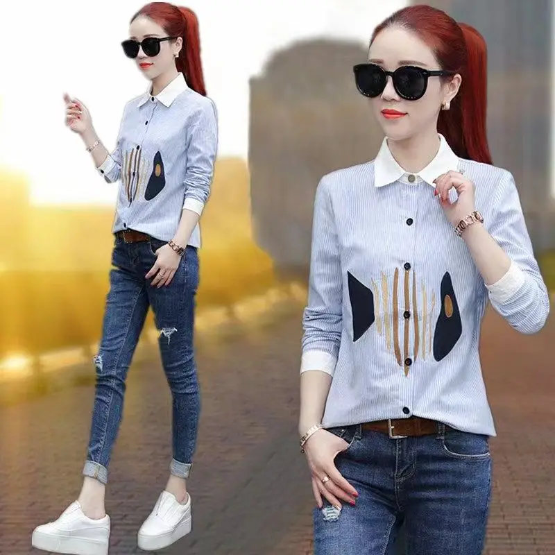 Casual gestreept lang Sve dames irt lente losse pasvorm halflange kraag knoopsluiting katoenmix geborduurd