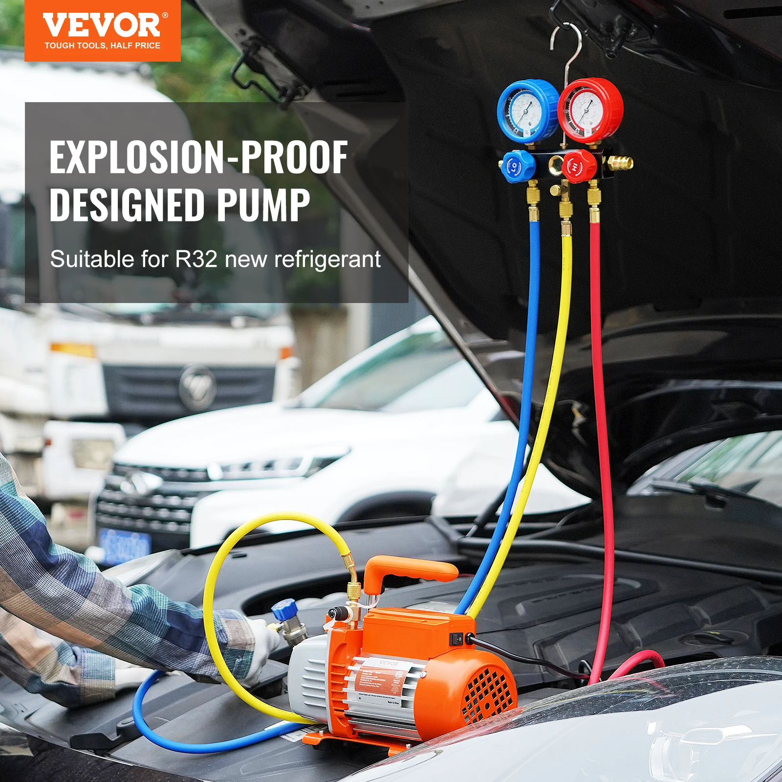 VEVOR  Single Stage Rotary Vane HVAC Air Vacuum Pump A/C Refrigerant Kit Manifold Gauge Set Applicable to R134a R410a