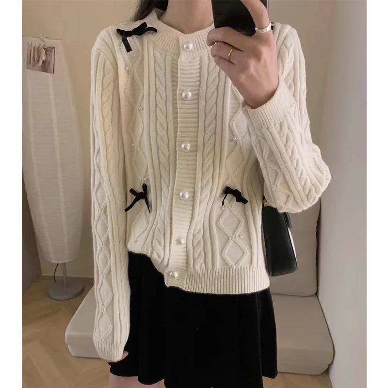 Neploe Hong Kong Style Casual O Neck Long Sleeve Jumper Europe Beading Bow Sweet Knit Knitted All-match Loose Exquisite Cardigan