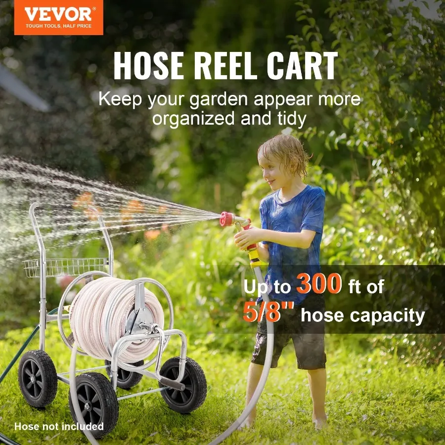 VEVOR Hose Reel Cart 300 ft 5/8'' Hose Capacity Mobile Garden Water Hose Carts Heavy Duty Steel Outdoor Planting Storage Basket