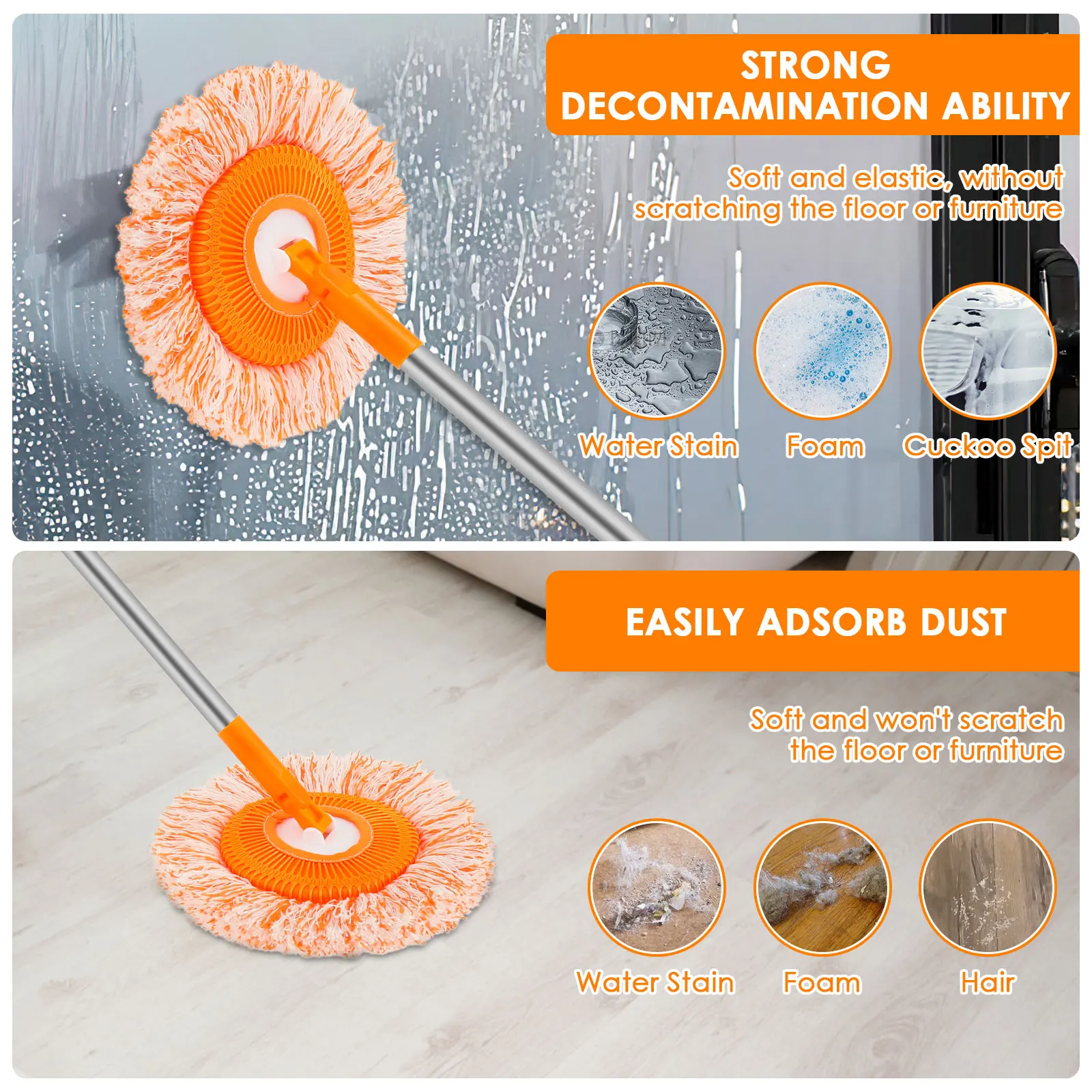 Microfiber Mop Set Rotatable Round Cleaning Mops Wall Cleaner with 4 Poles and 4 Mop Heads Floor Wall Multifunctional Clean Tool