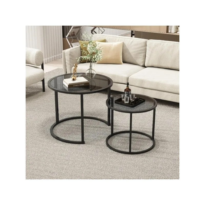 

Round Coffee Table Set of 2, Modern Glass Coffee Table, Metal Small Night Stands, Black Nested Coffee Table for Living Room