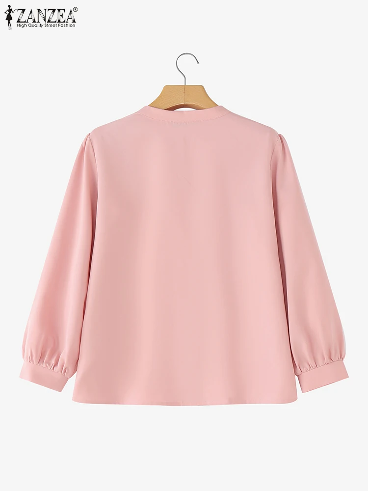 Camisas de oficina de otoño ZANZEA, Tops de manga larga con cuello levantado para mujer, blusa plisada lisa, camisa de trabajo OL elegante para mujer, Blusas con botones