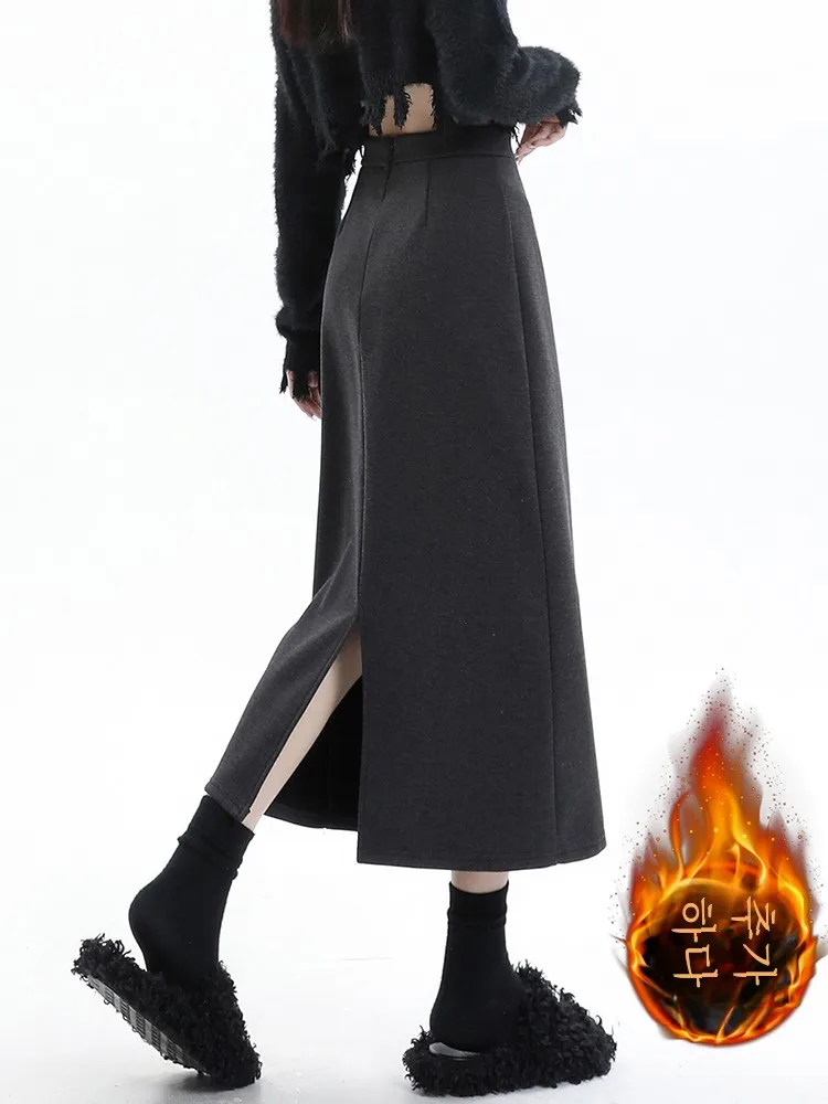 Fleece-lined Thick Woolen Skirt Women's Autumn and Winter Elegant Suit Skirt Mid-Length High Waist Slimming Back Slit Hip Skirt