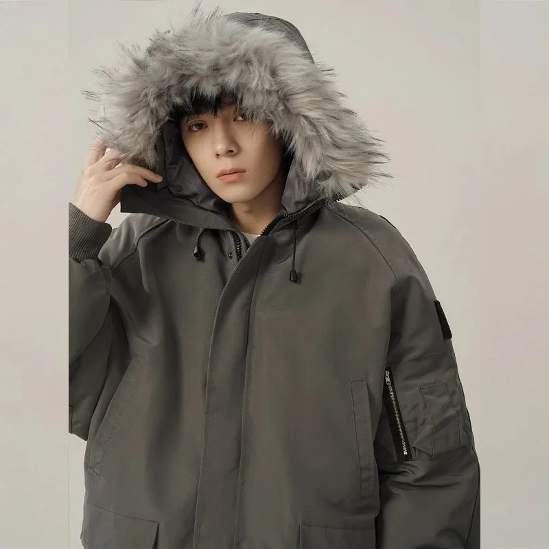 ​Heavyweight American Retro Parka for Men Winter Thermal Insulated Loose Gray Workwear Jacket with Fur Collar​