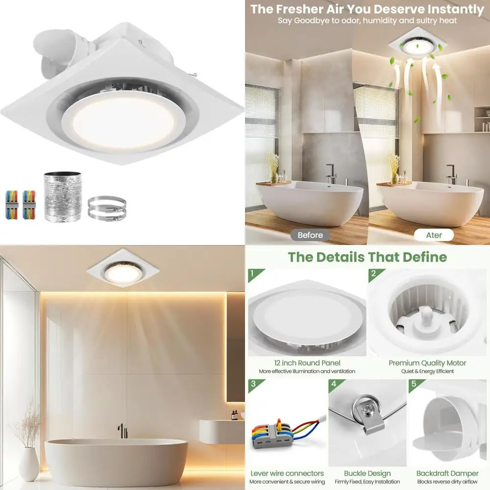 

12 Inch Round Bathroom Exhaust Fan with Adjustable Light, 3000K-6000K, 110CM Quiet Operation, Lever Wire Control & Duct