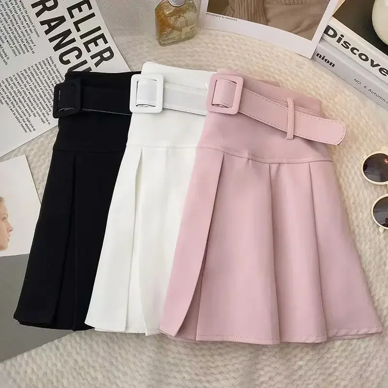 Kids Girls Pleated Skirts Pink Black White 2023 New Children Casual Skirts With Belt Korean Style Teenage Girls Dance Skirt