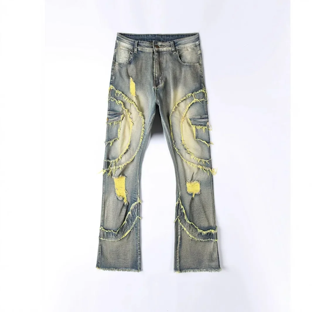 Four Seasons ผู้ชายสไตล์อเมริกัน Casual Street หลวม Bootcut กางเกงยีนส์กางเกงอินเทรนด์ขากว้าง Patched DENIM กางเกงชาย