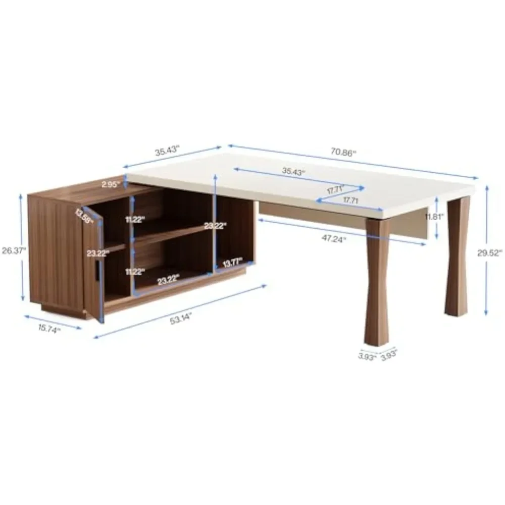 71-Inch Executive Desk, L-Shaped Desk with Cabinet, Large Office Desk with Storage Shelves, Writing Table Business Furniture