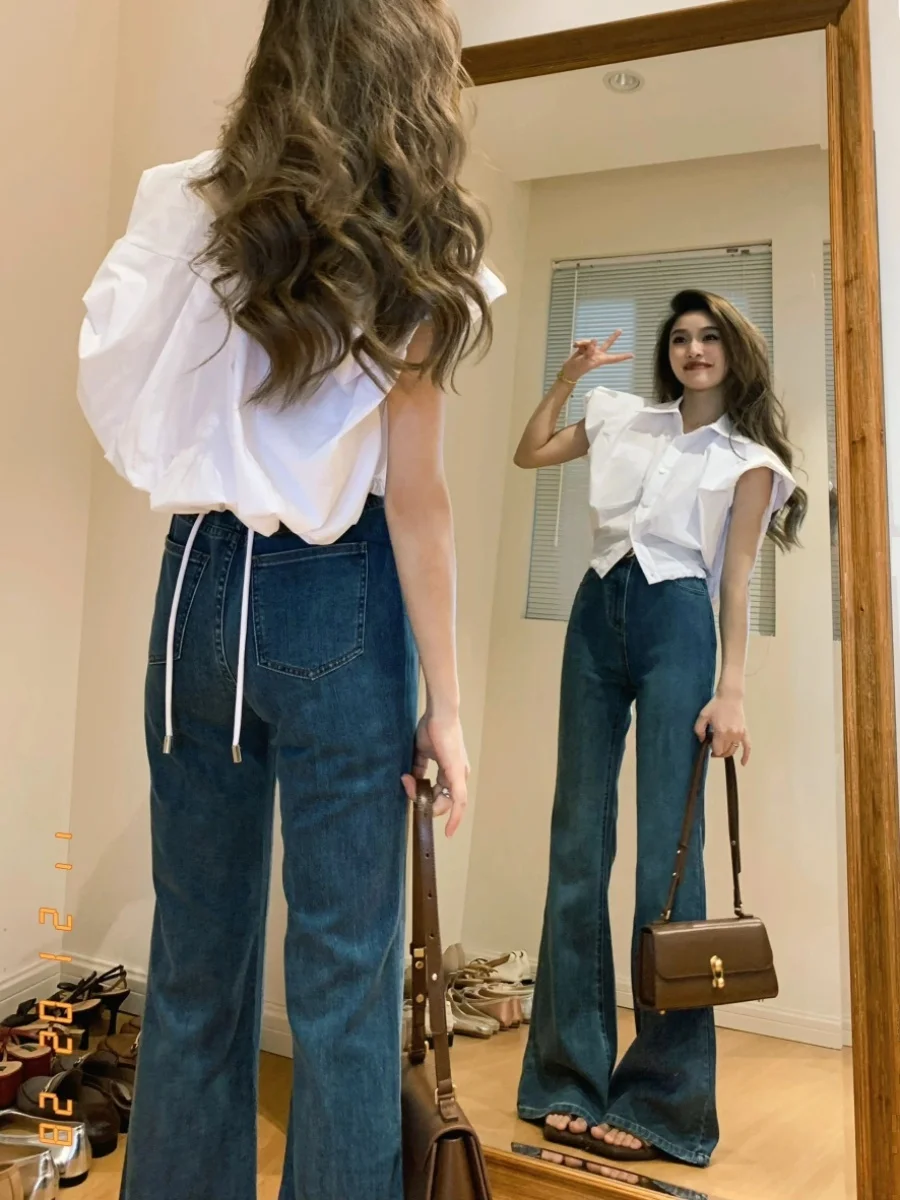 

American High Street Extended Vintage Blue Flared Jeans Women's Spring Autumn High Waist Slimming Dragging Pants