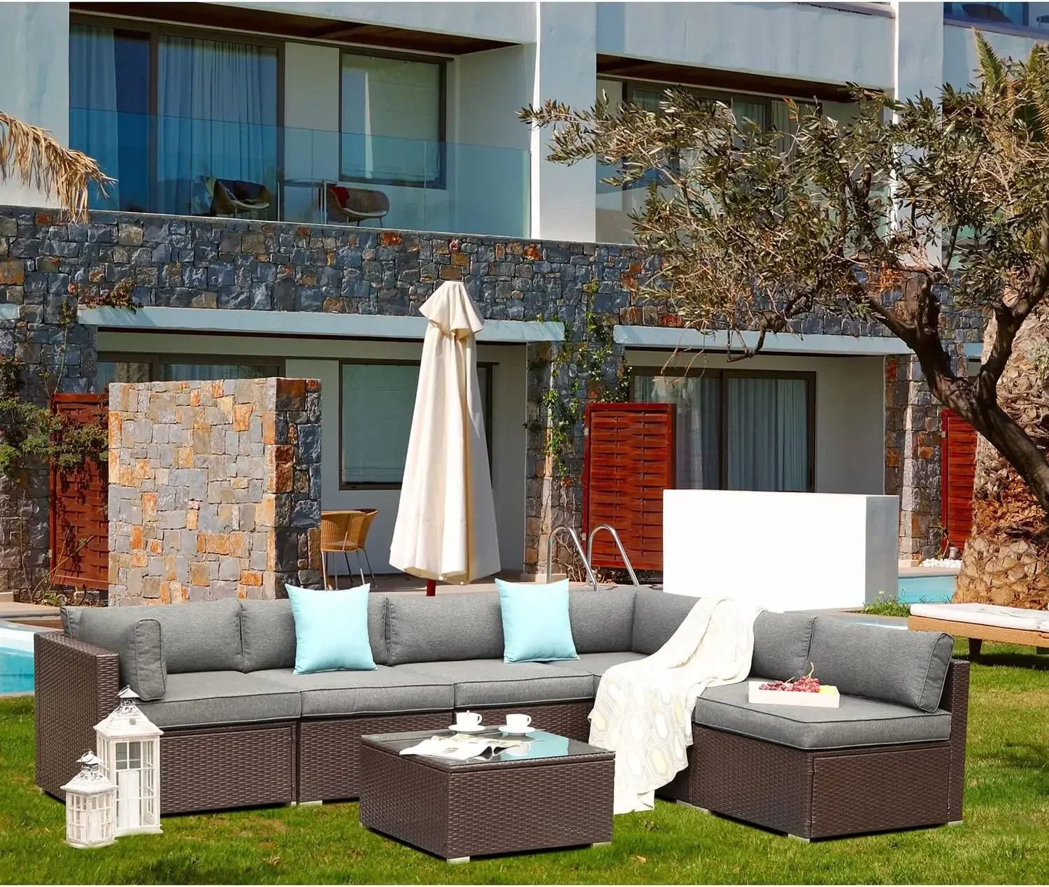 

7 Pieces Outdoor Furniture Set, 2 Blue Pillows and Glass Coffee Table, Sectional Sofa Couch for Backyard Garden Balcony Deck
