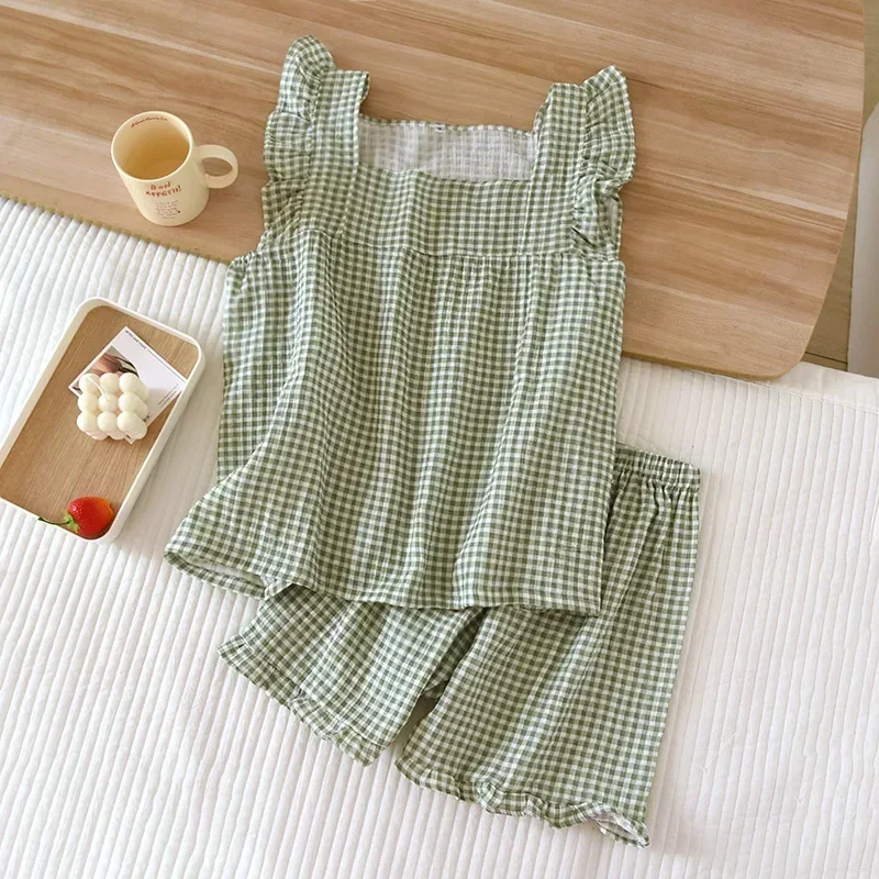 2025 Japanese summer new women's pajamas suit short-sleeved shorts two-piece 100% cotton crepe simple checked thin home clothes