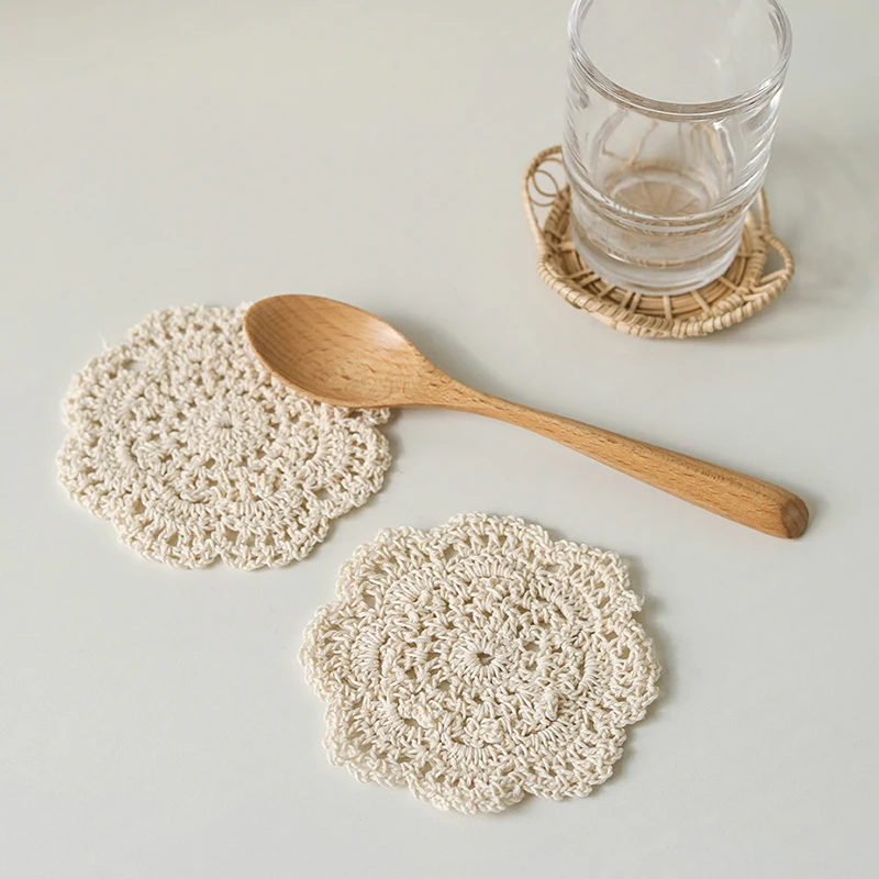 2/4Pcs Cotton Crochet Coasters Bohemian Floral Vintage Cup Mat Pad Table Kitchen Home Decor Gift Accessories Set