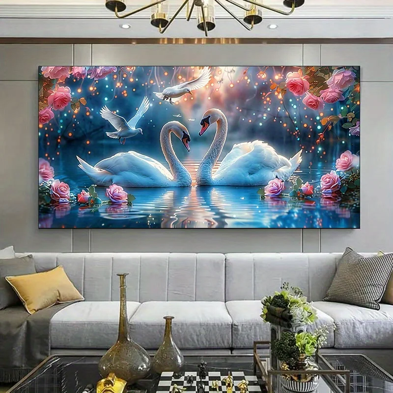 

Swan Swimming Flowers Art Poster, for Living Room and Office Decor, Bedroom Wall Art | Tranquil Landscape Painting | Unframed