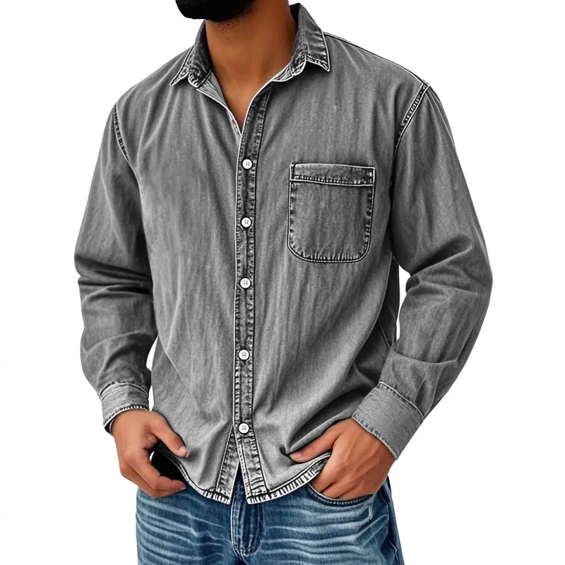 Men Autumn Winter Retro Lapel Pocket Casual Long-sleeved Shirt