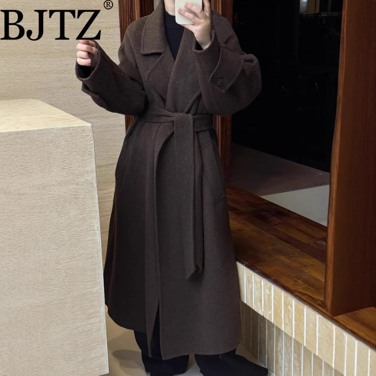 

BJTZ 2025 новый женский ленивый халат с поясом, длинное двустороннее шерстяное пальто, плотное теплое осенне-зимнее роскошное верхнее белье