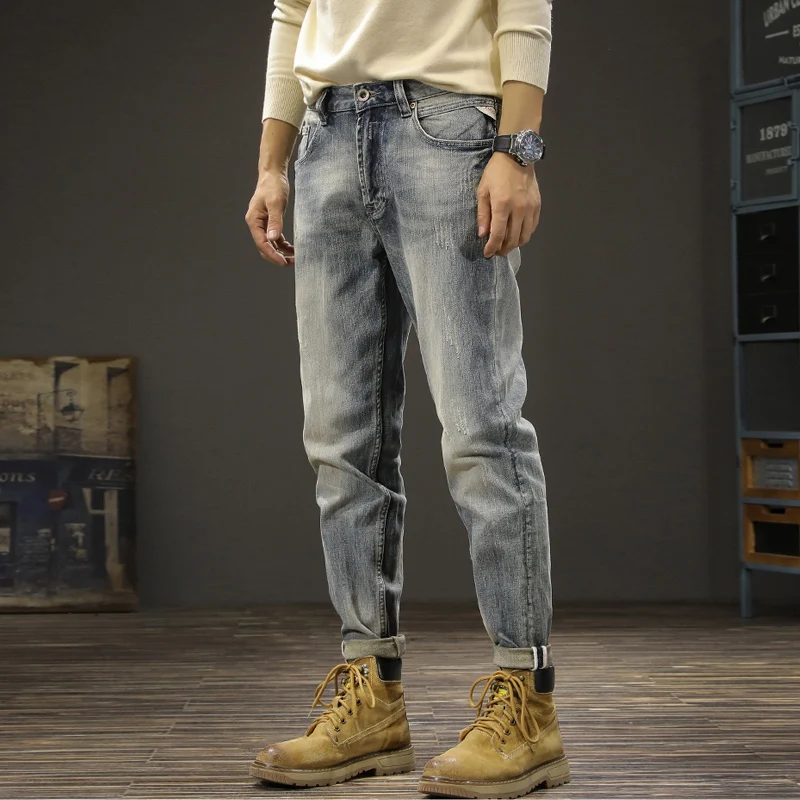 Italian Style Fashion Men Jeans Retro Gray Blue Elastic Slim Fit Ripped Jeans Men Trousers Vintage Designer Denim Pants Hombre