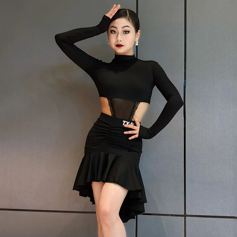 

Black Latin Dance Suit Children Latin Performance Outfit Long Sleeve Bodysuit Ruffle Skirt Cha Cha Rumba Training Wear VBH2334