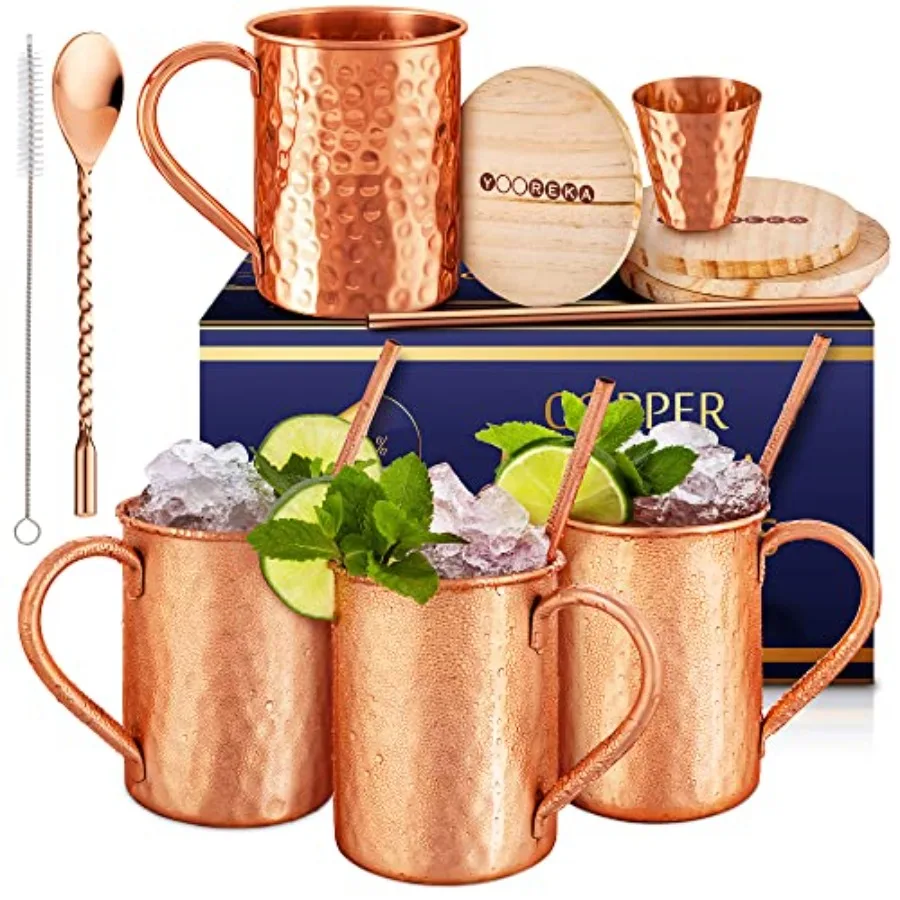 

Подарочный набор: Набор из 4 кружек для Moscow Mule, 16 унций, из 100% чистой меди, цилиндрической формы, ручной работы, БОНУС: 4 трубочки, 4 деревянных держателя