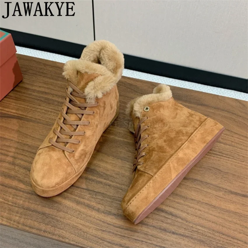 JAWAKYE Winter High Top Wool Fur Flat Shoes Women Ankle Boots Wool Collar Designer Suede Warm Casual Shoes Woman