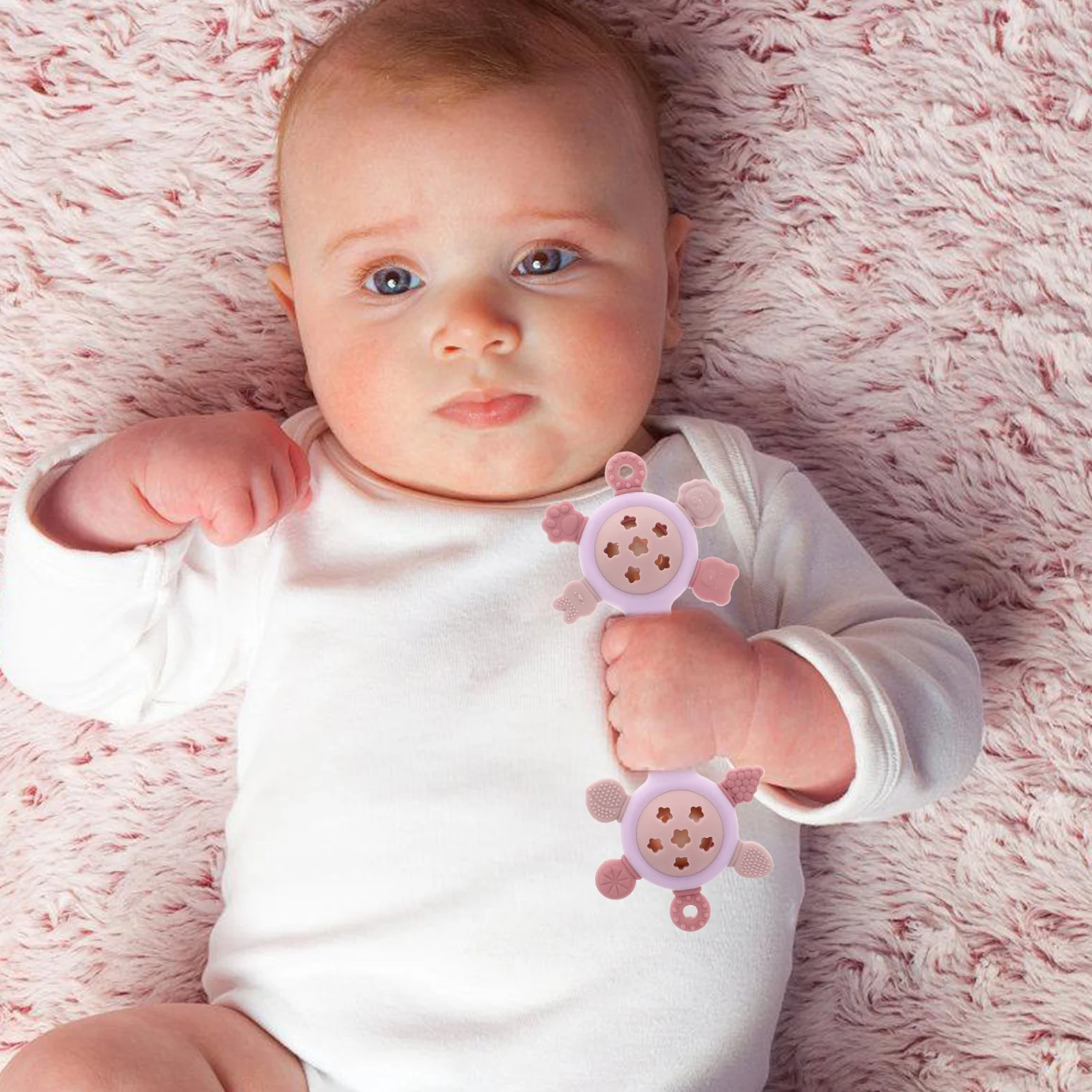 เครื่องเขย่าซิลิโคนสำหรับเด็กทารก ดีไซน์แบบสองหัว สีชมพู วัสดุนุ่ม เสียงอ่อนโยน ปลอบประโลม สำหรับเด็กผู้หญิง ทารก และเด็กวัยหัดเดิน เพื่อความสบายและปลอดภัย