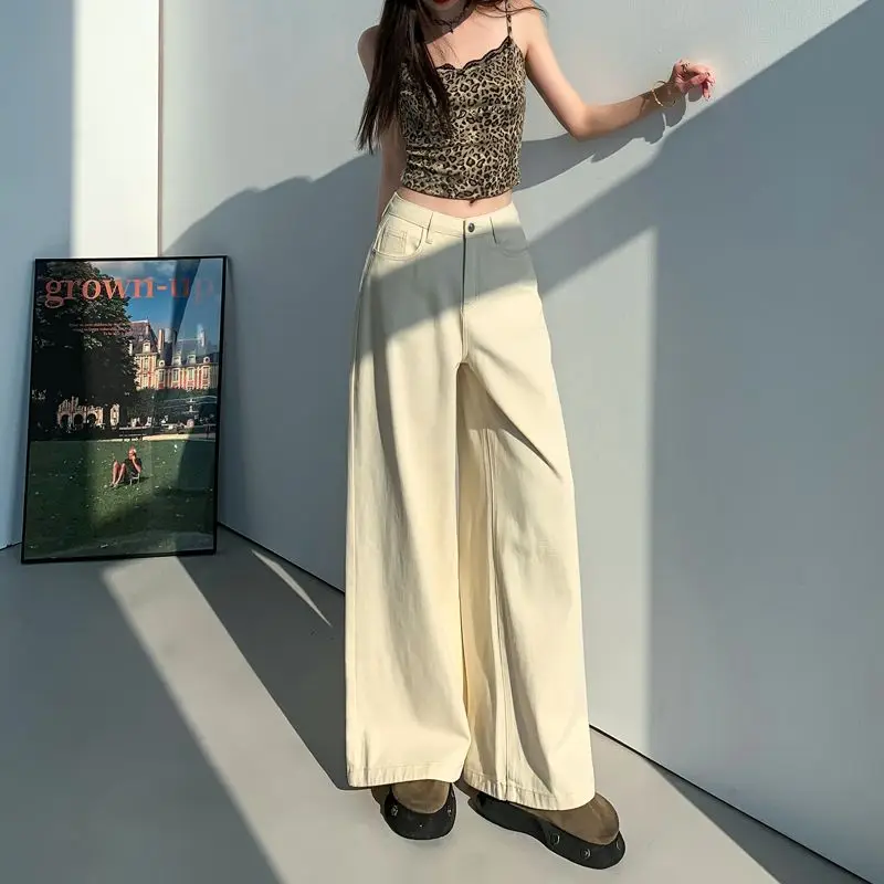 

Summer New Arrival Simple High-End Korean Style Light Apricot Loose Straight Wide-Leg Casual Floor-Length Pants for Women