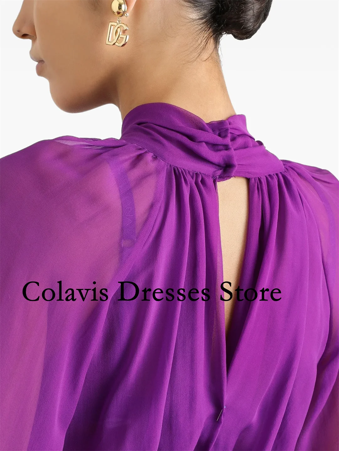 2025年カスタマイズハイネックパフスリーブパープルシフォンミニプロムドレスイブニングドレスレディースイブニングガウンフォーマルパーティードレス