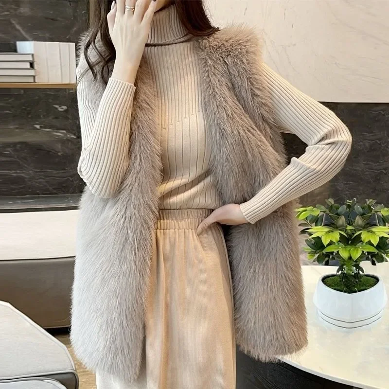 Luxury Fashion Women Medium Long Faux Fox Fur Vest Autumn Winter Sleeveless Fake Fur Vests