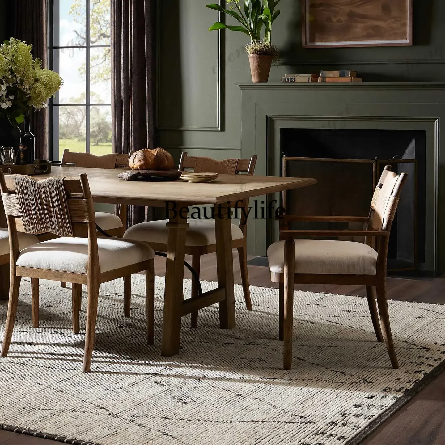 A4567Solid wood dining chair antique woven chair cafe leisure study armrest back rattan chair restaurant B & B