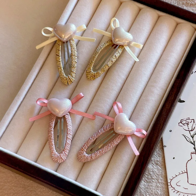 40 PCS/Lot, Vintage Heart Pearl Ribbon Bow Baby Snap Clips Girls Cute Hairpins