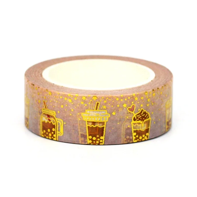 NEW 1PC 10M Decorative Gold Foil Coffee Cups Washi Tape for Scrapbooking Journaling Adhesive Masking Tape Cute Papeleria