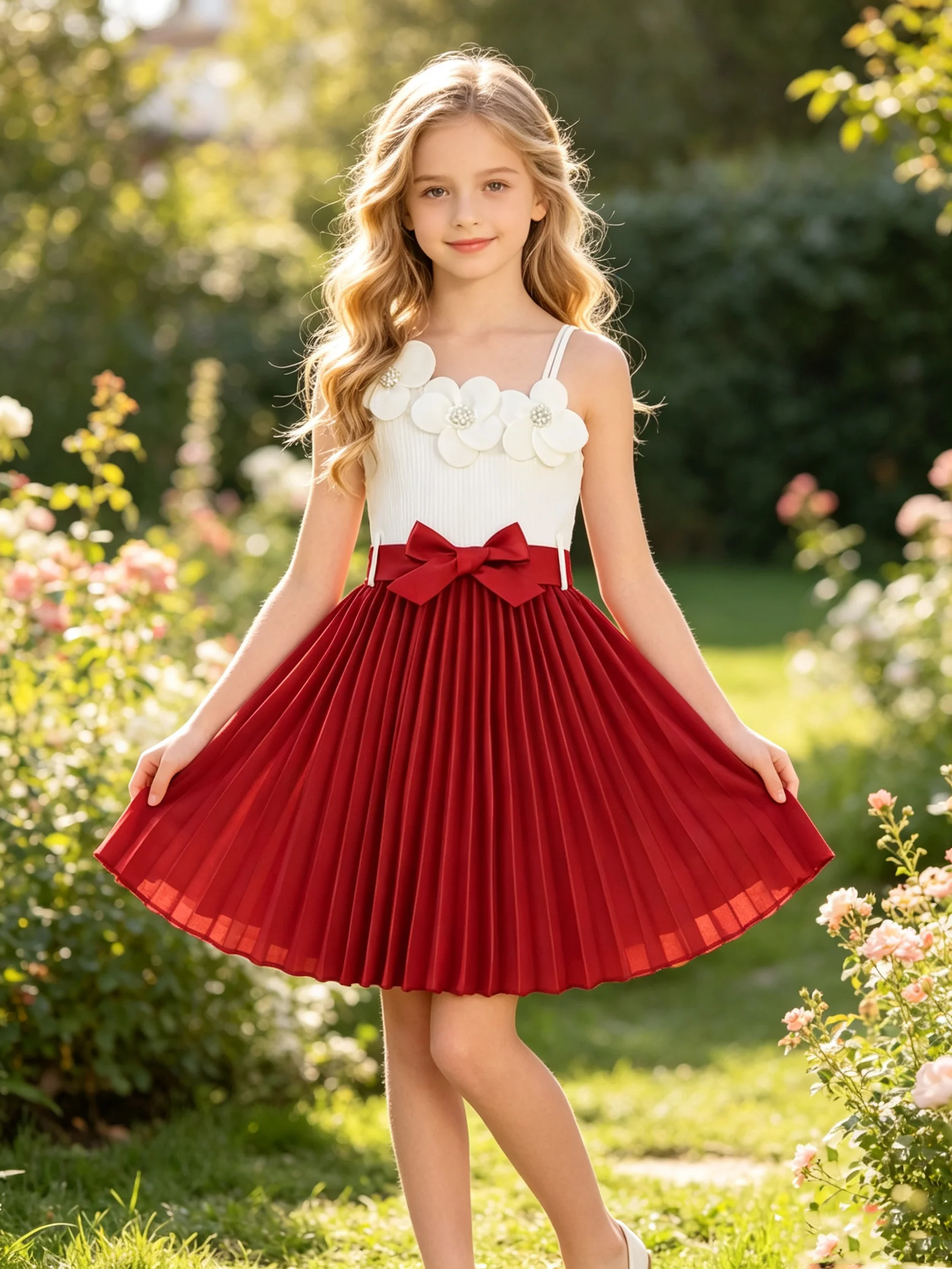 Elegantes Mädchen-Colorblock-Plisseerock Ärmelloses Trägerkleid Niedliches Einfarbiges Blumenmuster Mittellanges A-Linien-Kleid für Kinder – Detail 2