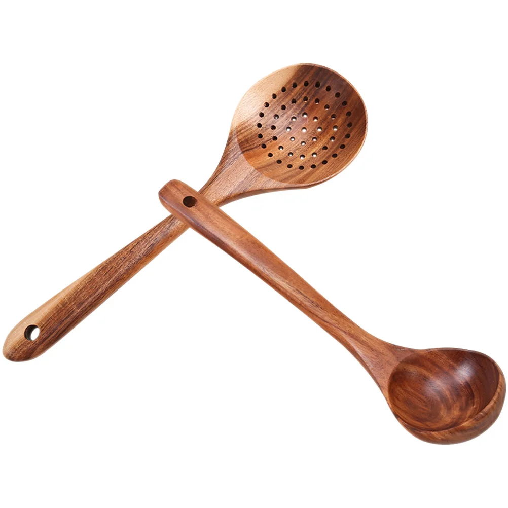 

2pcs Wood Slotted Spoons Ergonomic Kitchen Serving Utensils For Home Restaurant Coffee Shop Daily Use Portable Reusable Tools