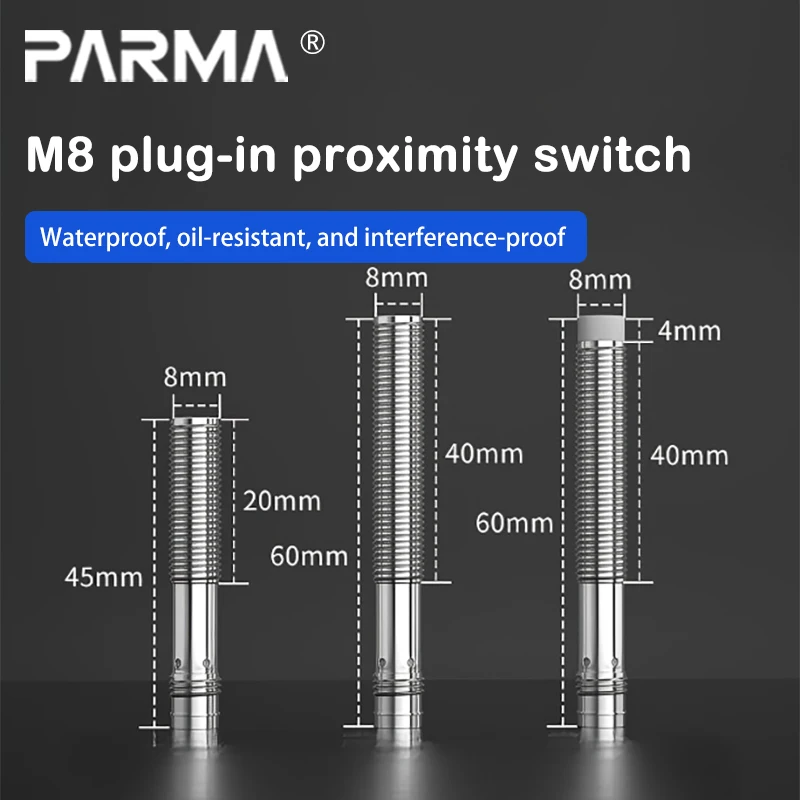 New 8mm Diameter Plug-in Type Proximity Switch Sensor. Multiple Lengths Available. Separated Metal Sensing Switch.