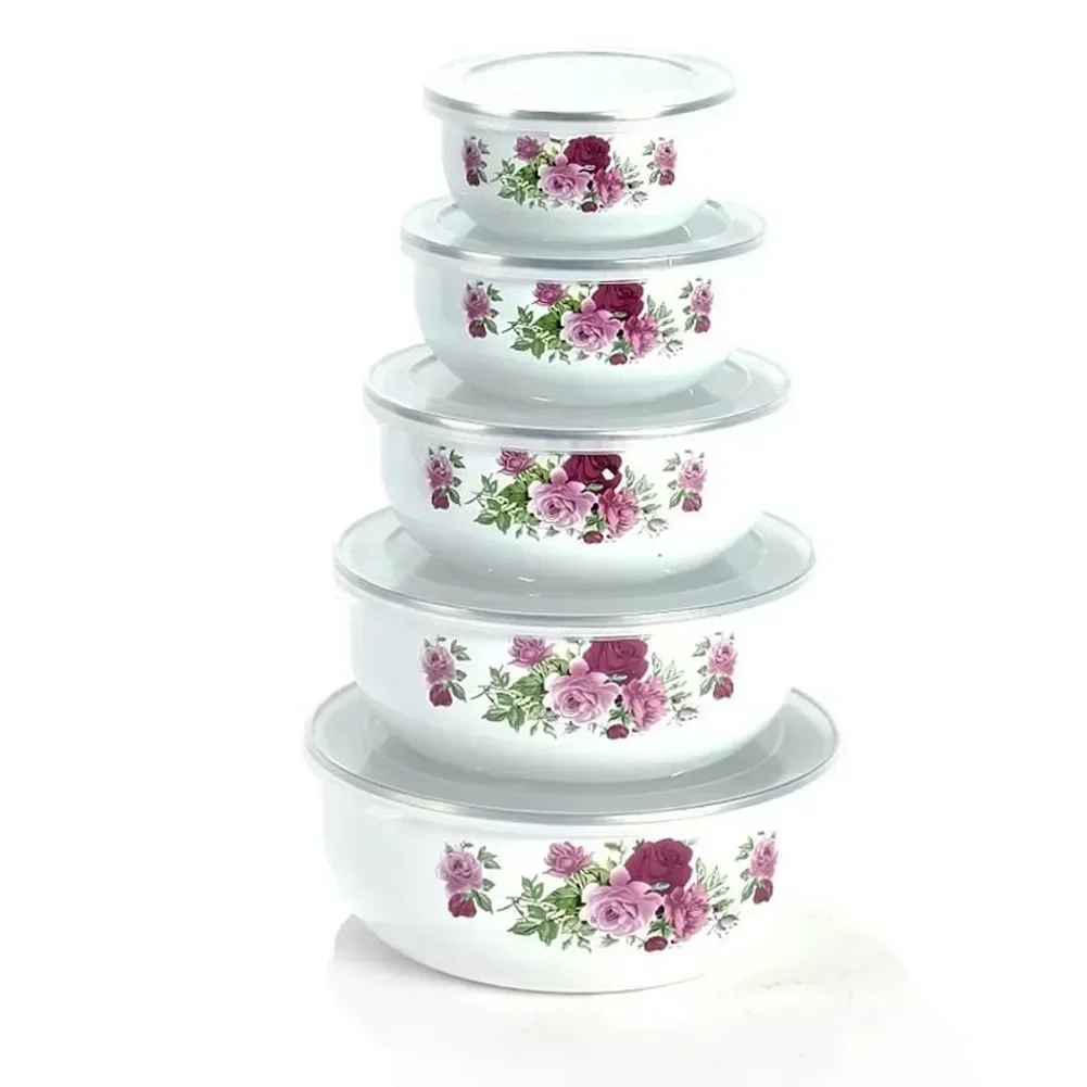 

5Pcs/ enamel bowl Set Creative Flower Animal Enamel Bowls Salad Food Bowls with Plastic Covers for Home Kitchen