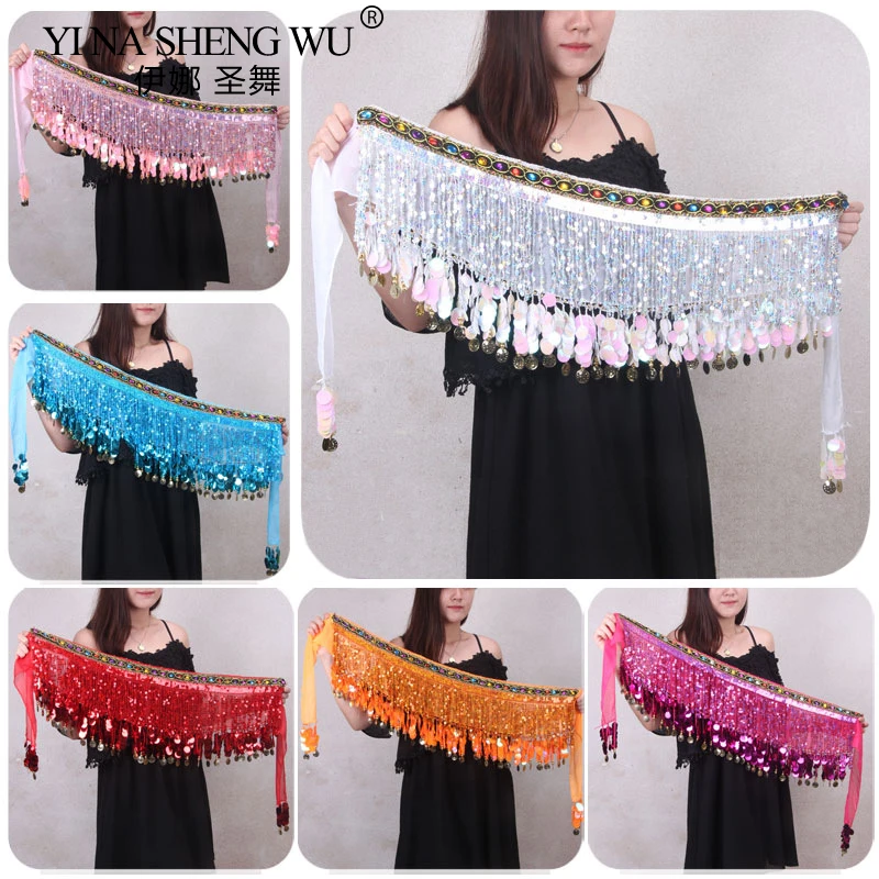 Women Belly Dance Waist Belt Shiny Coin Dancing Skirts Tassel Fringe Sexy Belts Belly Dance Hip Scarf Bohemian Performance Scarf