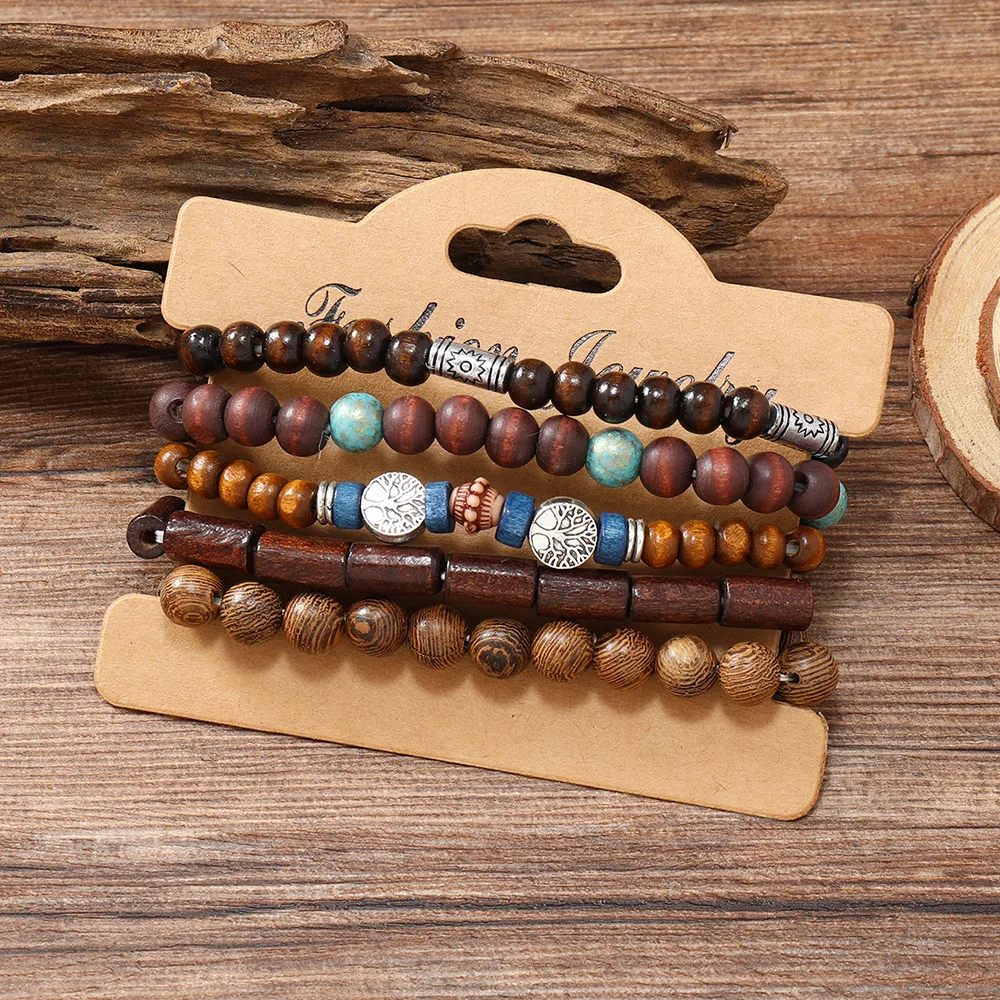 5Pcs Wood Beads Bracelet Set For Men Women Vintage Tree of Life Charm Elastic Beaded Chain Bangle Fashion Daily Party Jewelry