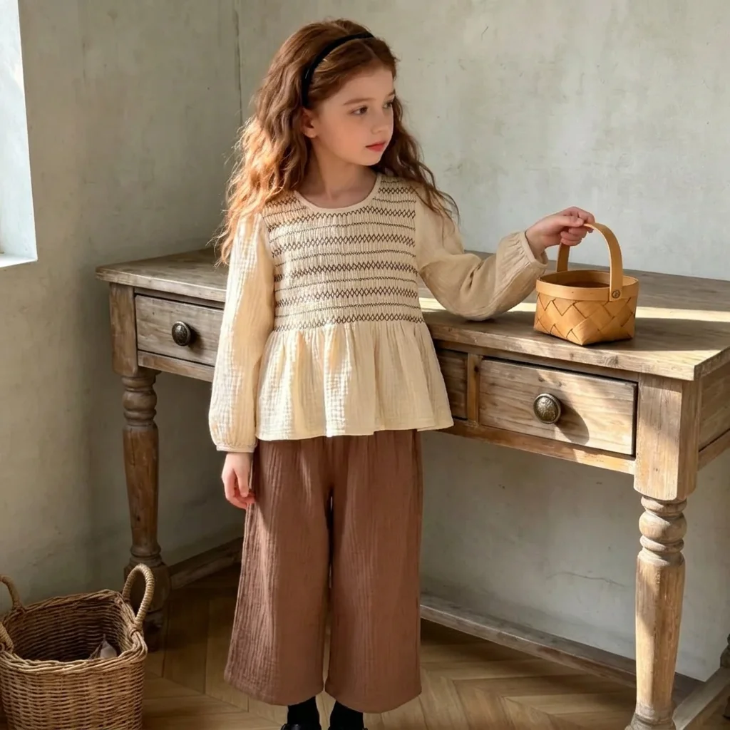 Autumn Casual Countryside 3-7 Year Old Girl Beige Suit Striped Printed Lantern Sleeve Pullover+wide Leg Pants Two-piece Set