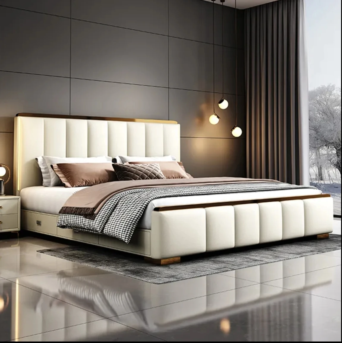 High Quality Light Luxury Modern Simple Leather Bed Bedroom Furniture Double 1.8m King Size Bed