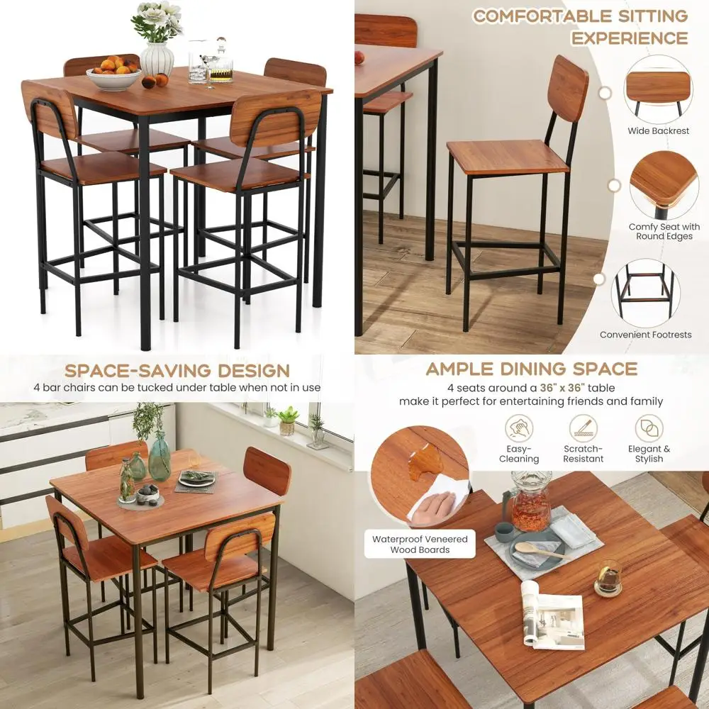 Juego de comedor de estilo industrial con 4 taburetes de bar, mesa de cocina rústica y sillas para comedor moderno